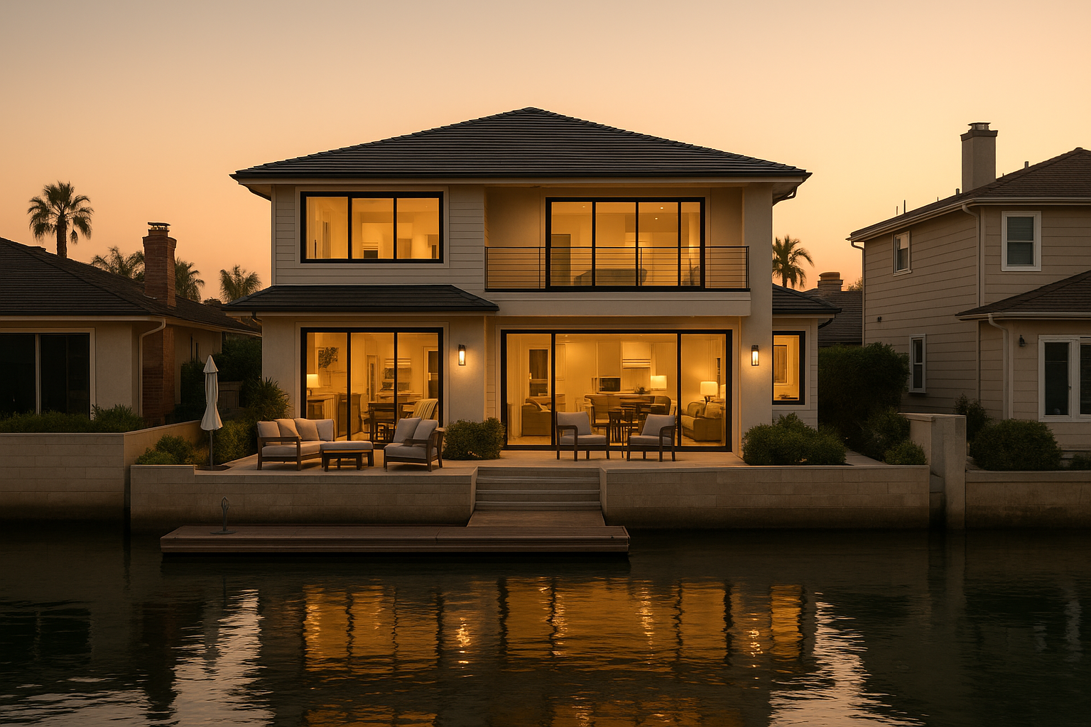 Newport Beach waterfront home photographed at twilight